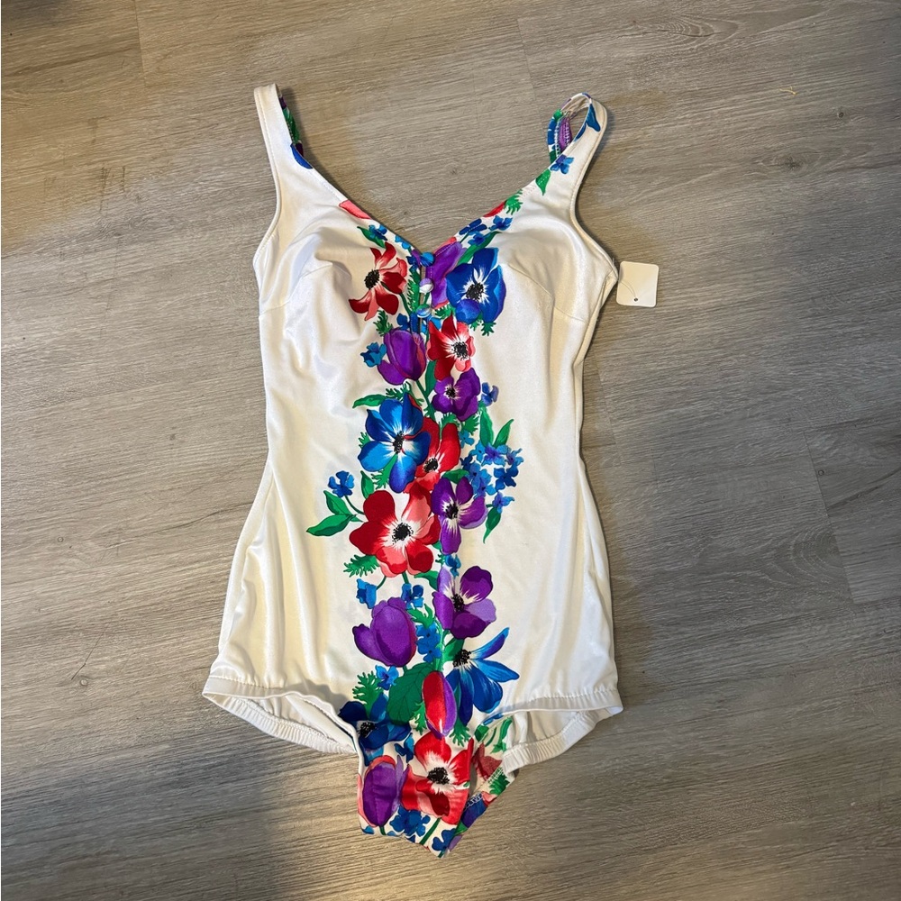Vintage Cole Of California Swimsuit 70’s 80’s Mod Floral Multicolor White